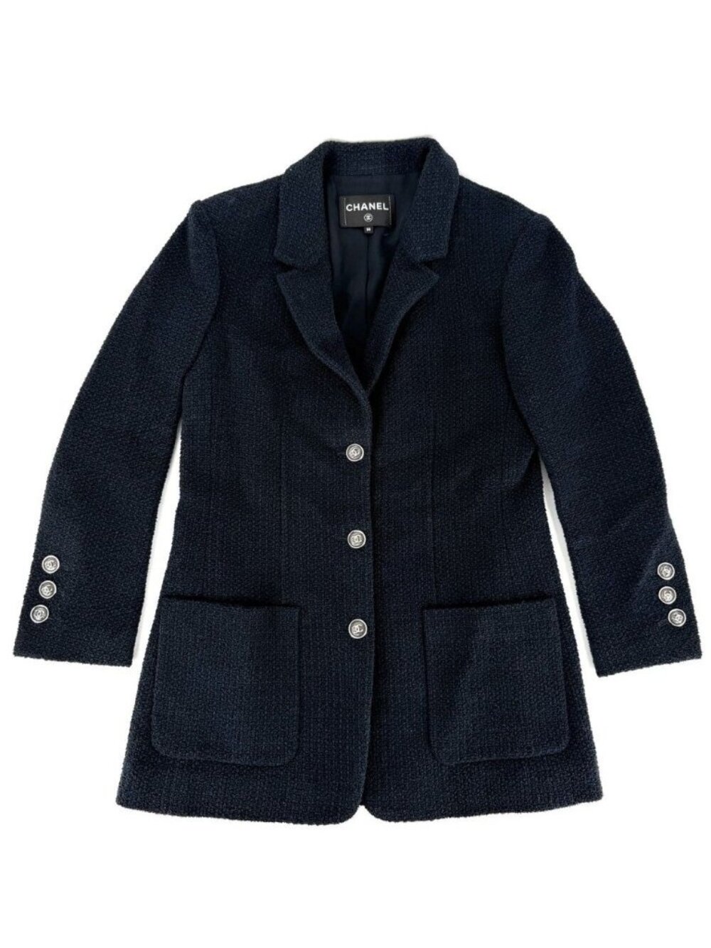 Chanel Tailored Jacket CC Logo 38 Navy Cotton Viscose